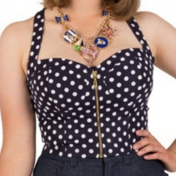 Tatyana Dasha Retro Pinup Navy Blue White Polka Dot ZipUp Bustier Bra Tank Top - Picture 4 of 9